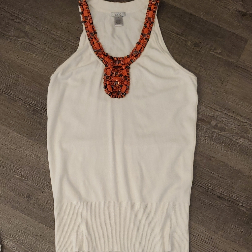 EUC Cache White Tank Top with Pink Beaded Neckline
